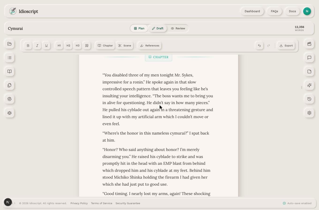 Idioscript Draft View — manuscript centered with the outline pinned on the left and the Companion on the right